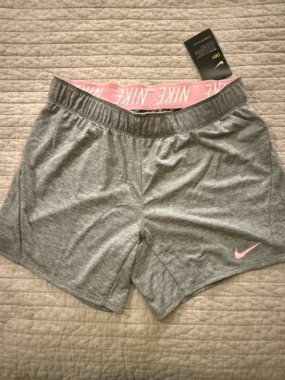 Nike Women’s Gray Athletic Shorts with Pink Swoosh - Picture 6 of 6